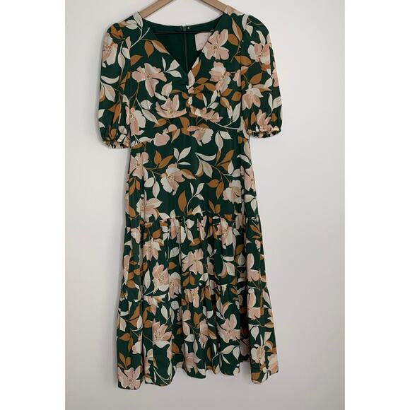 Gal Meets Glam Womens Tiered Midi Dress Tegan Floral Ruched Puff Sleeve Green 4P - Picture 3 of 16